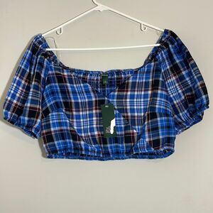 Wild Fable Women’s Short Sleeve Puff Sleeve V-Neck Cropped Plaid Woven T…
